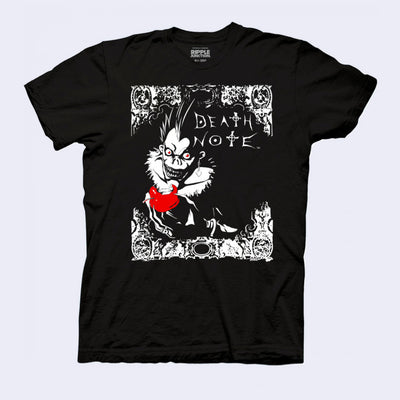 Black t-shirt featuring Ryuk from Death Note, with glowing red eyes and otherwise all white with black shadows. He holds an apple is bordered in by white patterning. "Death Note" is written in stylized text.