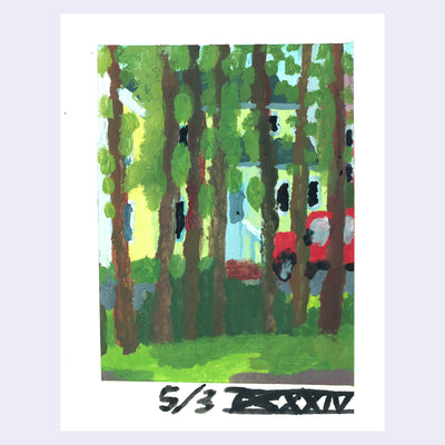 Plein air painting of a yellow house mostly covering by tall trees with skinny trunks. A red car is parked back in the driveway.