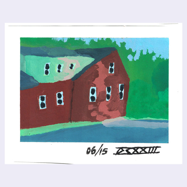 Plein air painting of a red building on an empty parking lot, framed by large green trees and a blue sky.
