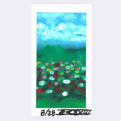 Plein air painting of a simplified flower field against lots of greenery and a blue cloudy sky.