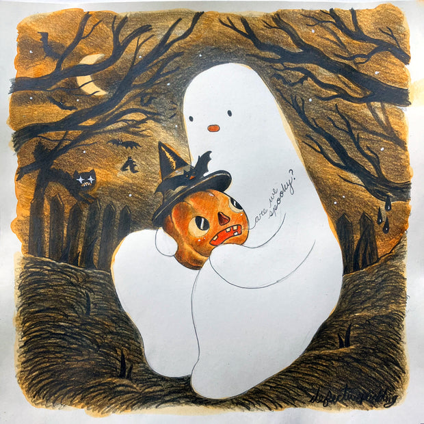 Colored pencil drawing of a white ghost, holding a pumpkin wearing a witch's hat and asking "are we spooky?" Ghost sits in a dark field, with barren trees overhead and orange cloudy sky.