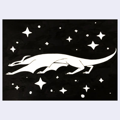 Illustration on black background of a white dragon, thin and stretched out with sharp claws and a slanted eye. White stars hang in the sky around it. 