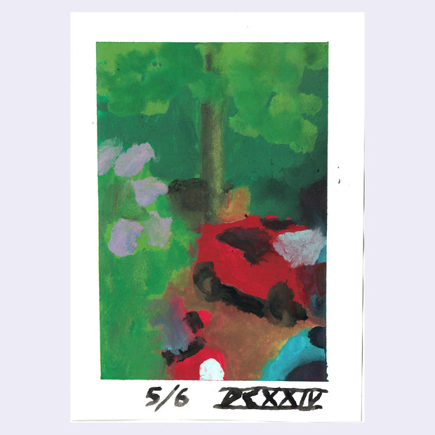 Plein air painting of a blurry driveway, mostly obscured by trees and other greenery. A red car is seen below, with bits of another red car and another blue car slightly visible.