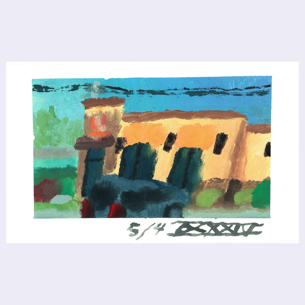 Plein air painting of an abstracted Dunkin' Donuts, a tan building with several archways and its orange and pink logo atop the entrance.