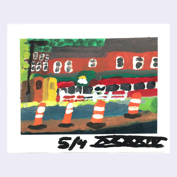Plein air painting of several orange and white striped traffic cones, in front of a red building with white window trim and a green awning. 
