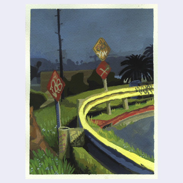 Plein air night time painting of a curved road, with only the very outer corner visible with its illuminated guard rail and street signs.