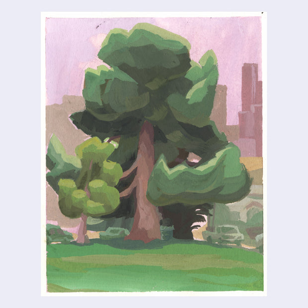 Plein air painting of a very tall tree with thick foliage. A smaller tree is in front on a grassy lawn. Background is a pink hazy sky with building silhouettes. 
