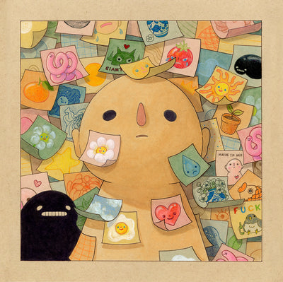 Illustration of a simplistic round headed tan character standing in front of a wall of post it notes, all with individual drawings on them. A small black blob creature stands in the left corner and looks on with a toothed grimace. 