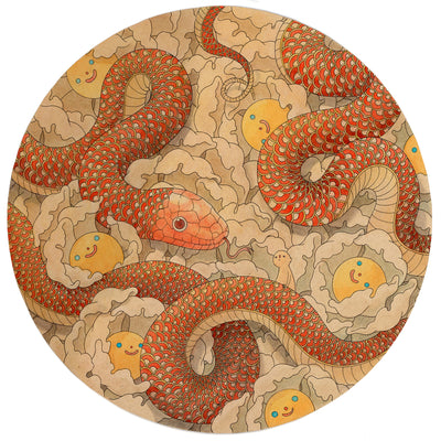 Illustration on circular tan paper of many blossoming white flowers with yellow centers that have cartoon smiling faces. A large red scaled snake wraps around the piece and a very small tan character touches the snake and looks on solemnly.