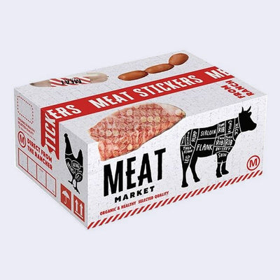 Small cardboard box full of stickers, made to look like a shipping package of meat.