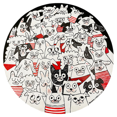 Black ink illustration with subtle red color details on a circular panel of many cartoon dogs, all crowded together as if posing for a group picture. Dogs are all different breeds and have simple cartoon smiles and expressions.
