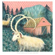 Painting of a white ram with large, rounded horns. It stands in a grassy field in front of a pink barn in a mountain forest setting. Sky is pink with light pink polka dots.