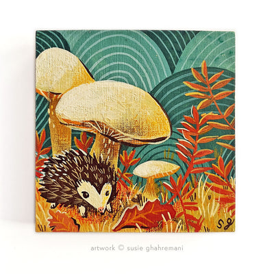 Painting of a small hedgehog under large yellow mushrooms. Ground is covered in autumn leaves and grass. Background is a pattern of teal concentric circles.