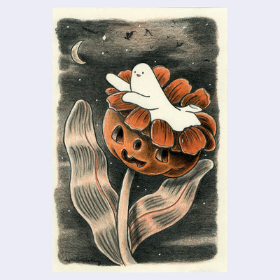 Graphite and colored pencil drawing, all greyscale with subtle orange color accents, of a large flower that resembles a jack o lantern. Laying in the top is a ghost, who reaches for a small crescent moon in the night sky.