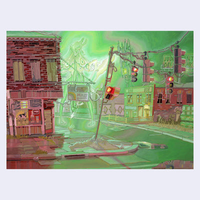 Painting, primarily bright greens and muted reds, of an abandoned urban street with wired stoplights. In the background looms a very large Angelic moth woman, with multiple arms and a bright aura.