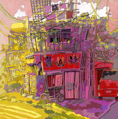 Highly saturated painting of an older, urban housing unit above a closed flower shop. Street is covered in telephone wires and overgrown plants, with a car parked in the driveway and laundry out to dry on the balcony.