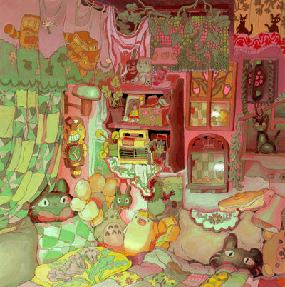 Painting of a room interior, mostly pink with artificial green lighting. The room is decorated with many Studio Ghibli themed items and cute bedroom items. Items such as pillows, clocks, curtains and blankets.