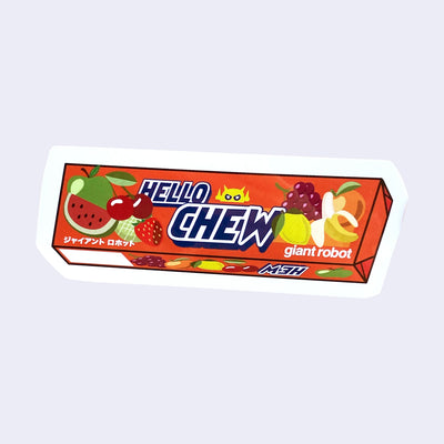 Die cut sticker styled after Hi-Chew candy packaging in red. Instead, "Hello Chew" is written across the front with many illustrations of fruit.