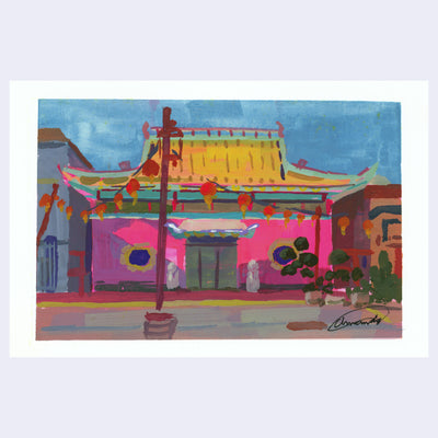 Plein air painting of a building in LA's Chinatown, bright pink with a yellow roof. Red lanterns are strung across the space in front of it.
