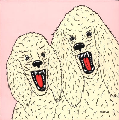 Painting of 2 poodles, seen from the chest up with fluffy fur and snarling faces, as if about to attack. Background is solid pink.