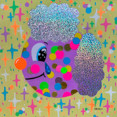 Collage style illustration of a sparkly purple cartoon dog head, looking off to the left. It cries a single tear and has colorful polka dots over its face.