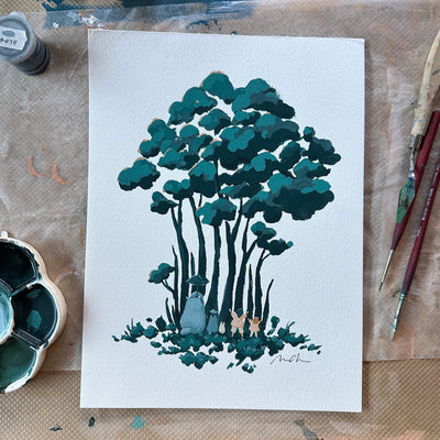 Painting of a series of trees, with characters from My Neighbor Totoro at the base of the tree stretching up their arms towards the sky.