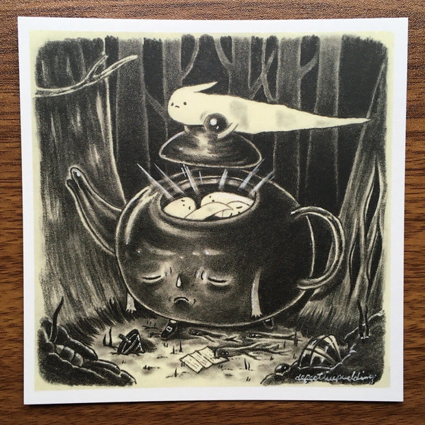 Greyscale drawing on cream colored paper of a large teapot with a sad face, it has ghosts inside of it and a larger ghosts holds up the lid.