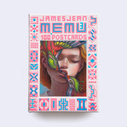 Set of 100+ postcards in a pink fabric covered box that reads "James Jean Memu 3". Cover features an illustration of a girl with her lips being bit by 2 colorful birds. 