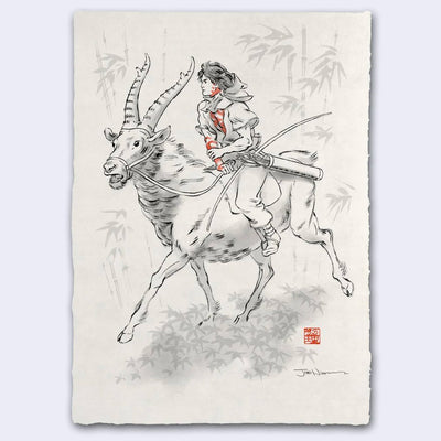 Ink brush style illustration of a man with red body paint riding atop a deer like creature. He has a bow and arrows beside him. A delicate drawing of bamboo trees is in the background.