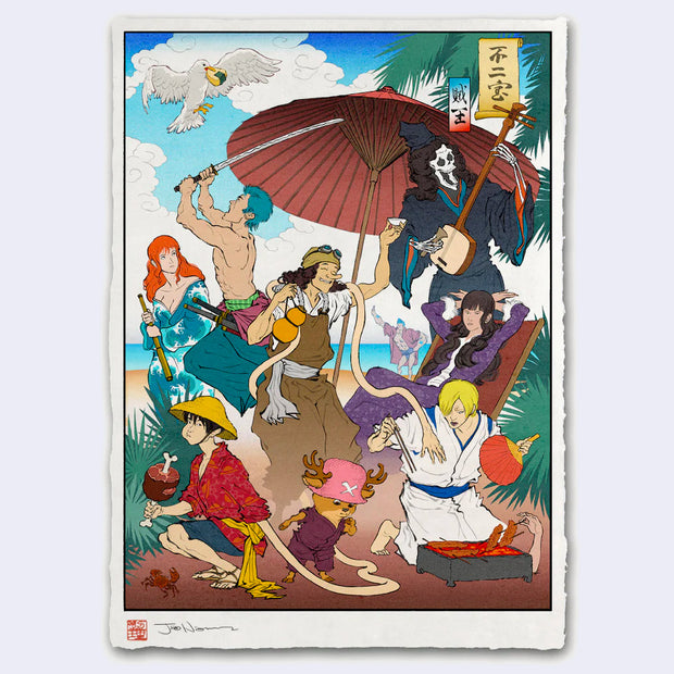 Illustration done in ukiyo-e style, of the full crew of One Piece, on a beach. Their actions vary by their personalities, Sanji is cooking, Zoro is fighting, Robin is lounging, and Luffy tries to steal food.