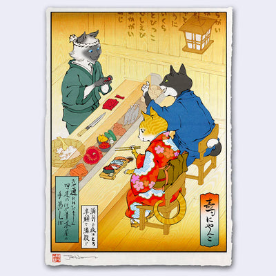 Illustration done in ukiyo-e style, of 3 cats wearing robes at a sushi bar. One cat is the chef and the other 2 are joyful patrons.