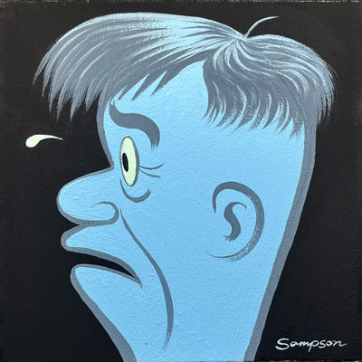 Painting of a cartoon style blue man's head, looking off to the left side in profile view. It has fluffy hair like a toupé and has a single stress drop coming off its forehead.