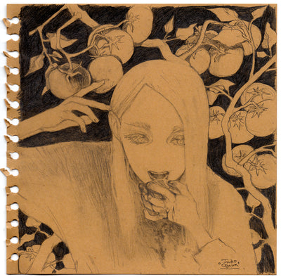 Pencil drawing on brown paper of someone eating a very juicy tomato, below a large tomato plant.