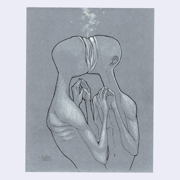 White pencil on gray paper of 2 faces kissing, merging into one another.