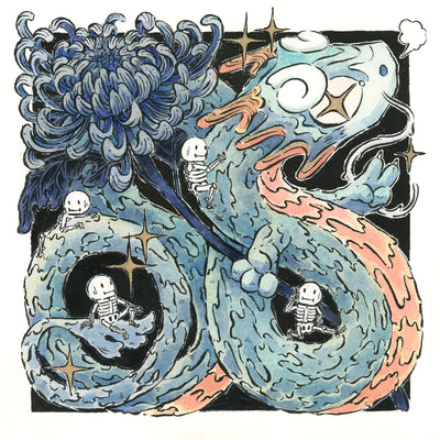Ink illustration with watercoloring of a large blue dragon, wrapped around a blue chrysanthemum. Small cartoon skeletons interact with the dragon, posing on different parts of its body.