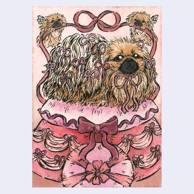 Watercolor painting of a furry Pekingese, sitting atop an ornate pink pillow with bows on it and tied into the fur of the dog. 2 smaller angel Pekingese dogs hold up a ribbon overhead.