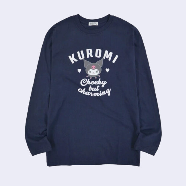 Blue long sleeve shirt featuring a graphic of Sanrio's Kuromi in the center, with 2 hears. Above reads "Kuromi" and below, "Cheeky but charming" in cursive font.