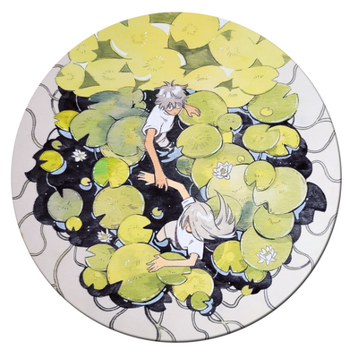 Overhead view style painting on circle panel of 2 people wading through a murky pond with many lily pads. One holds on to the other's arm, either trying to slow the other person down, or in order to keep up with them. 