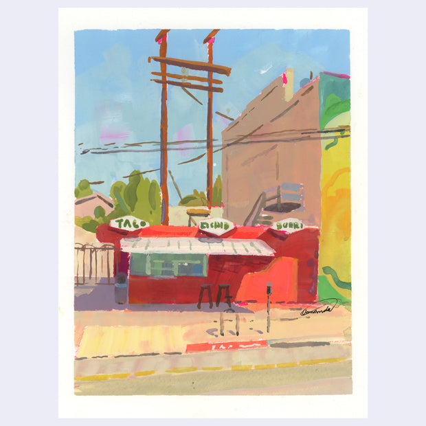 Plein air painting of Los Burritos, a Mexican food stand with a red exterior and white and green simple signage. A large power tower stands behind it.