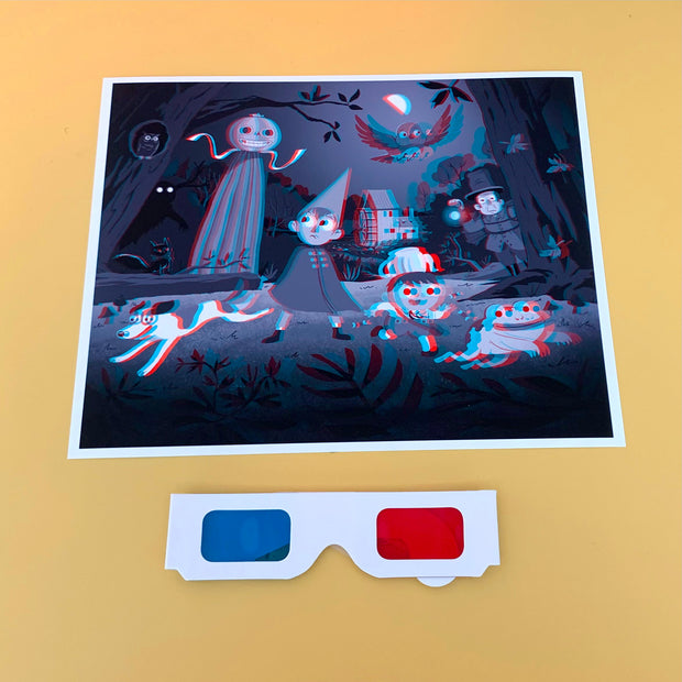 3D print of characters from Over the Garden Wall, in a dark grey night scene walking through a forest. The print sits near a pair of 3D glasses.