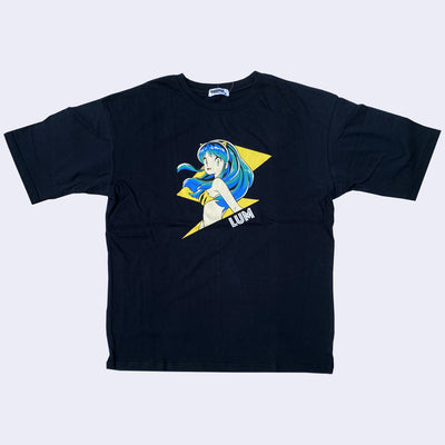  Black t-shirt featuring a graphic of a lightning bold with "Lum" written under it. Coming out of the borders of the lightning bolt is Lum from Urusei Yatsura, smiling and looking back over her shoulders.