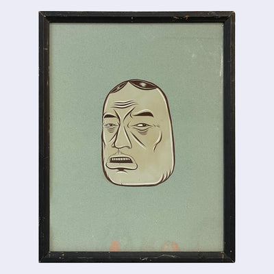 Painting on sage green background of a floating head, done in a stylistic cartoon fashion. The face has an open mouth stunned expression, and has little hair.