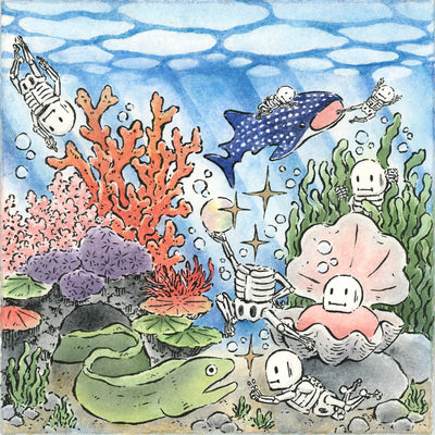 Ink and watercolor illustration of an underwater scene, with small cartoon skeletons interacting and swimming around. Light shines down from the surface and a large eel swims amongst lots of coral, kelp and a whale shark.