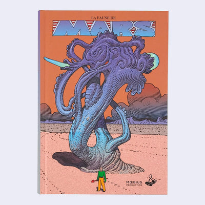 Book cover of a small person standing in front of a purple blue monstrous mass in the orange sky desert.