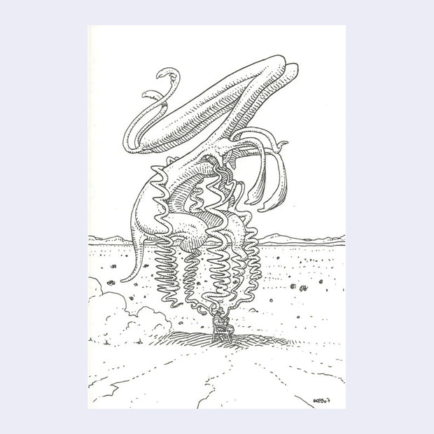 Page excerpt, line art illustration of a strange wiry shape coming up from a small person sitting on a chair in the desert.