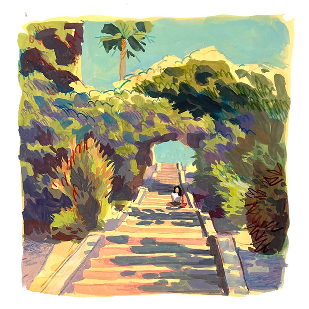 Plein air painting of a set of concrete steps leading up, with a bush arch going over them. A woman sits on the steps, the sky is blue with lots of greenery around.