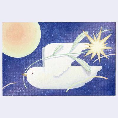 Painting of a white bird flying with a stemmed star burst shaped flower in its beak.  Background is bluish purple with dotted grids. A large yellow moon hangs in the upper left corner.