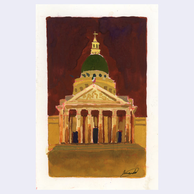 Plein air night time painting of a large historic building with many columns and a domed roof with a cross atop it. A French flag flies from the building. 