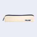 Beige pencil case, with a navy blue zip top and branding on the side that reads "MILAN"