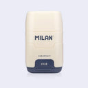 Cream-colored and navy blue container with 'Milan' branding on a light gray background